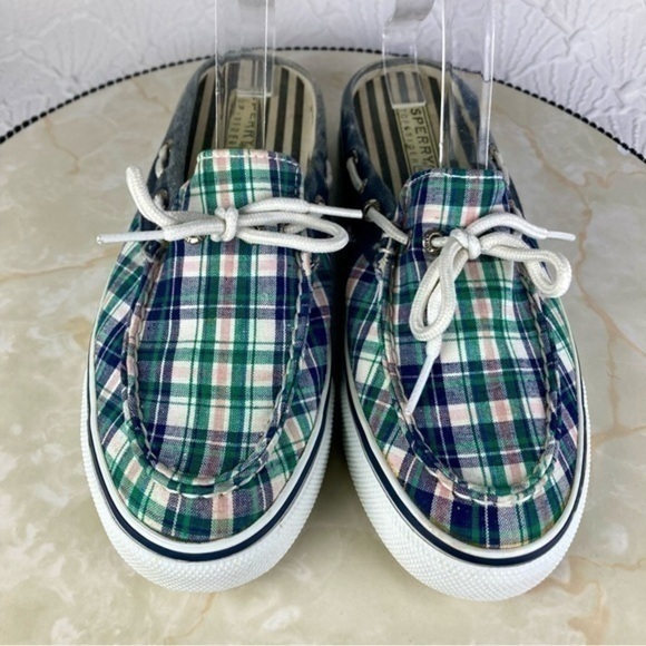 Sperry Top Sider Mules Womens Size 7.5 Green Blue Plaid Open Back Slides Shoes - Picture 4 of 11